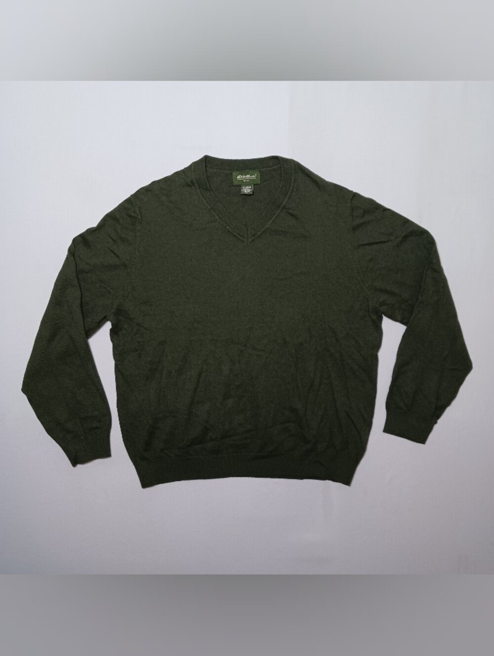 Vintage Eddie Bauer Mens Cotton Cashmere V Neck Sweater XL Olive Green